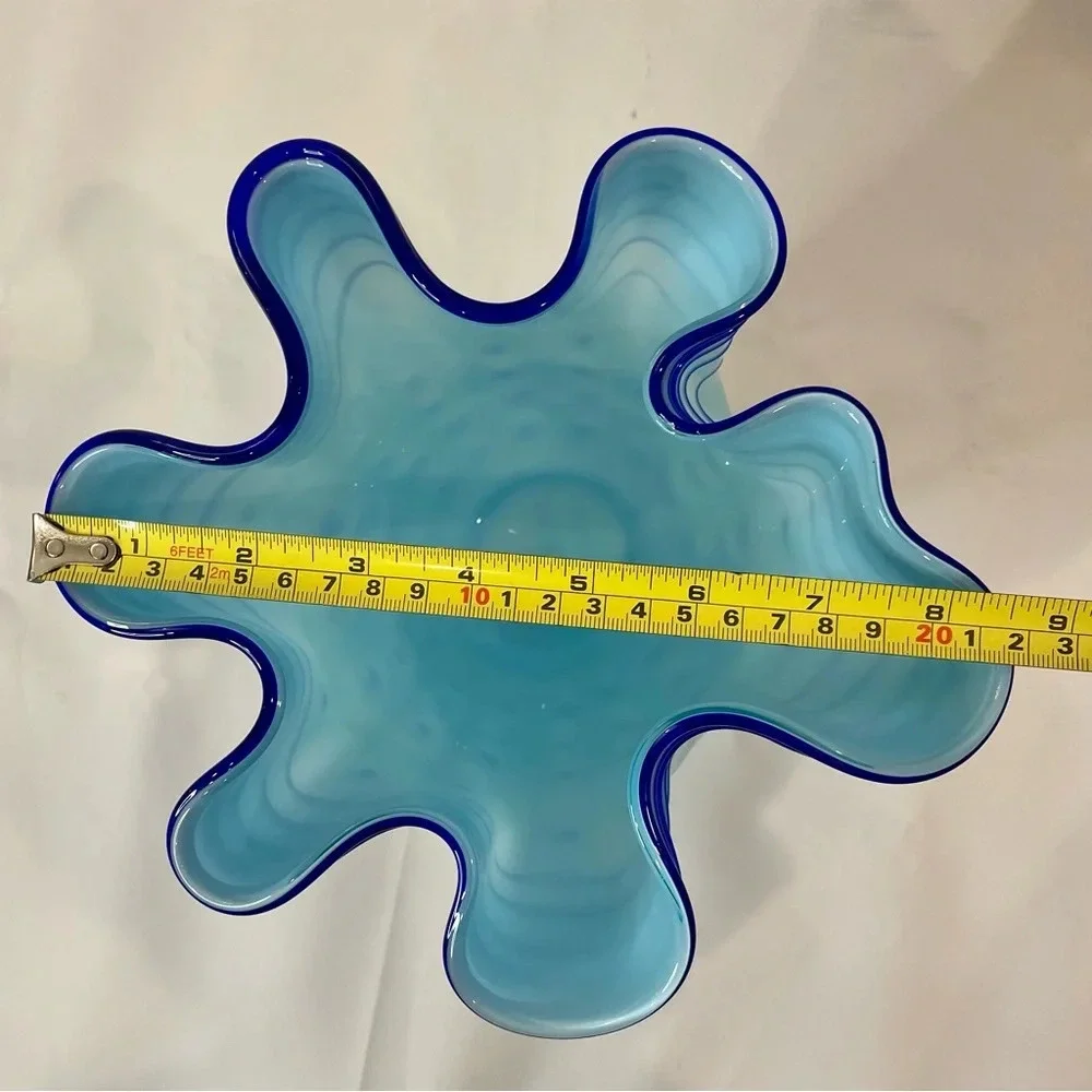 Blue Polka Dot & Stripped Blown Glass Fluted Ruffle Vase Handmade Unique